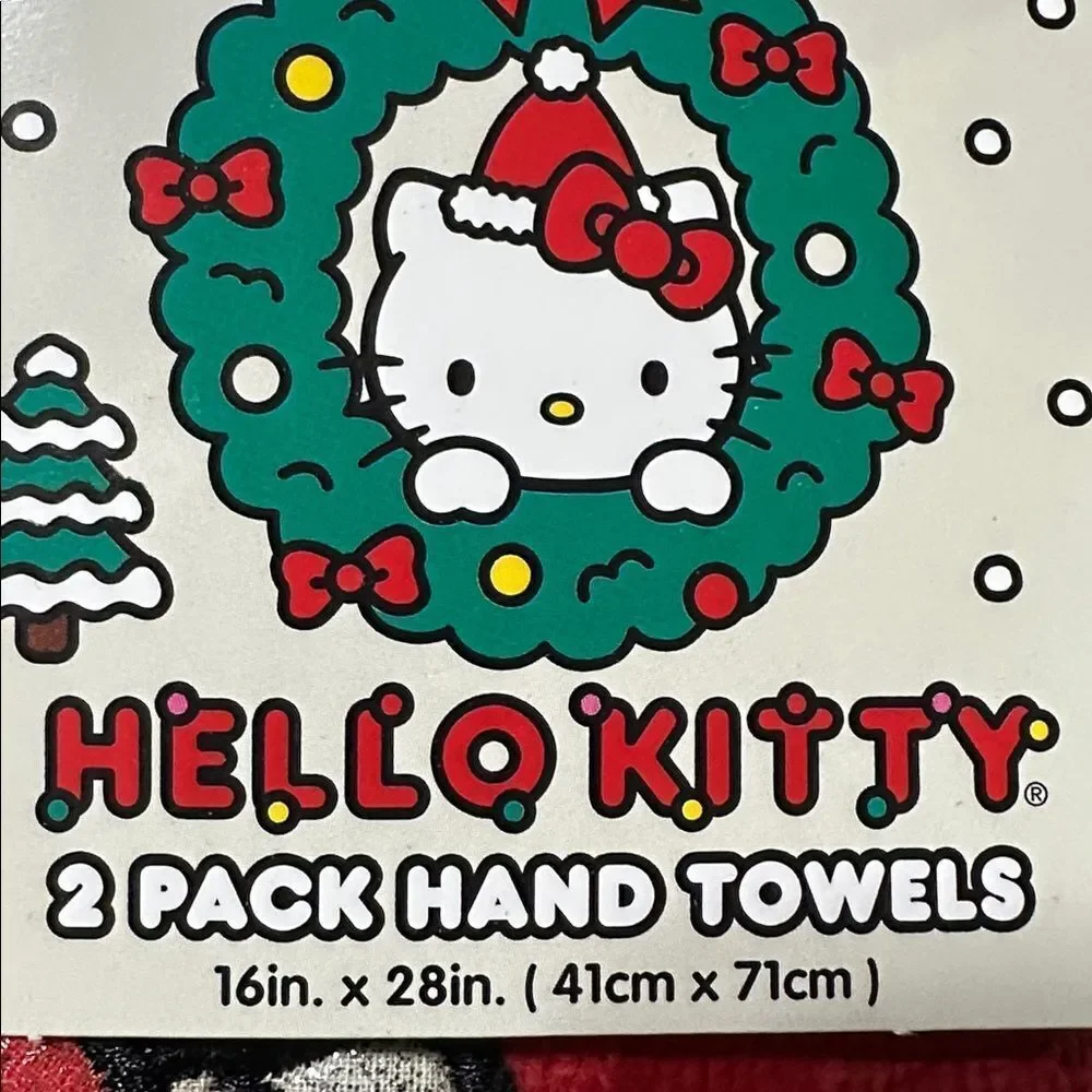 Hello Kitty 2 Pack Red Silver Metallic Black Christmas Hand Towels Bow Wrap